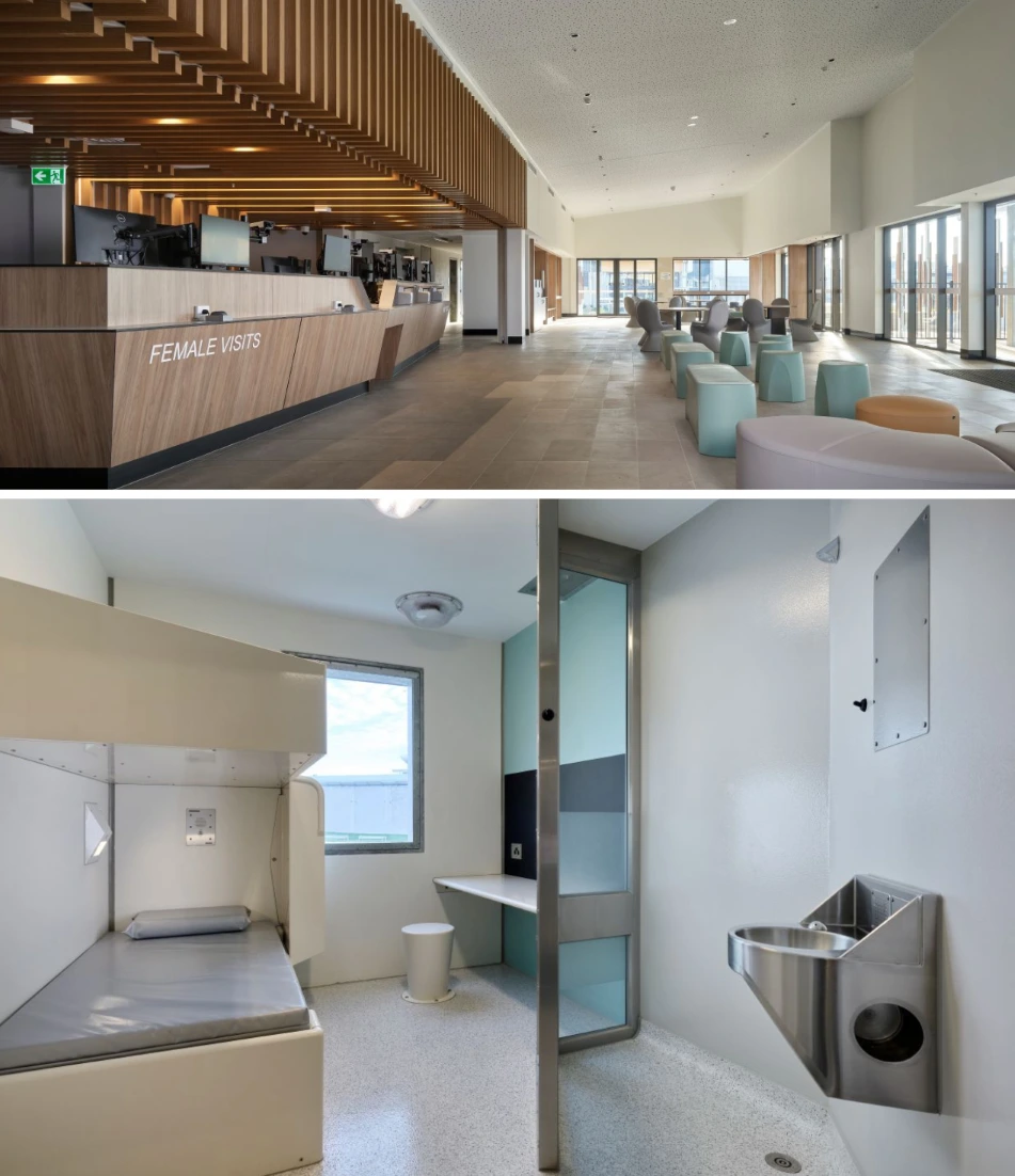 Interior view of the Lockyer Valley Correctional Centre showing ligature & vandal resistant tapware, shower and drain supplied by Galvin Engineering.